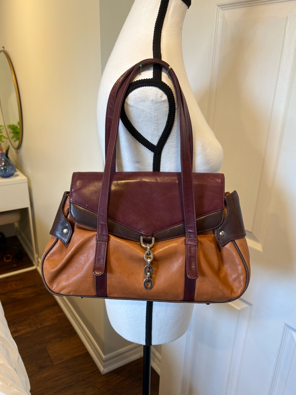 Vintage i Santi Italian Leather Satchel Tote Bag – Two-Tone Brown & Cognac